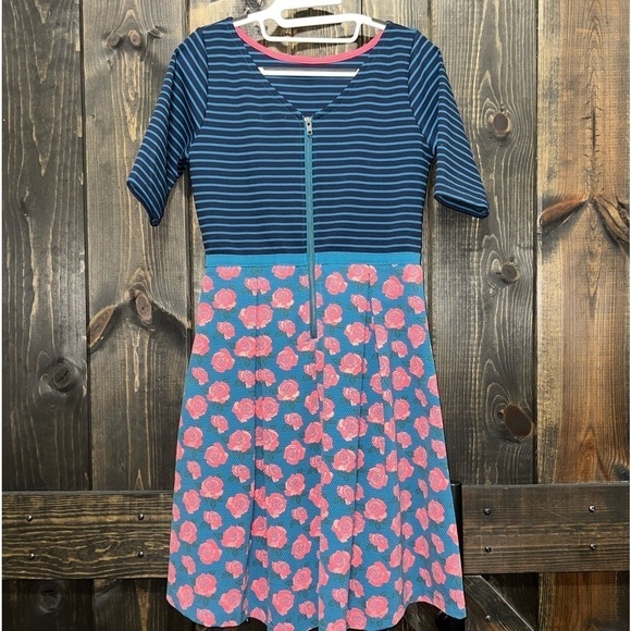 Matilda Jane Peyton Dress S Roses Stripes Blue Pink Zipper Back Stretch Boho - Picture 6 of 10